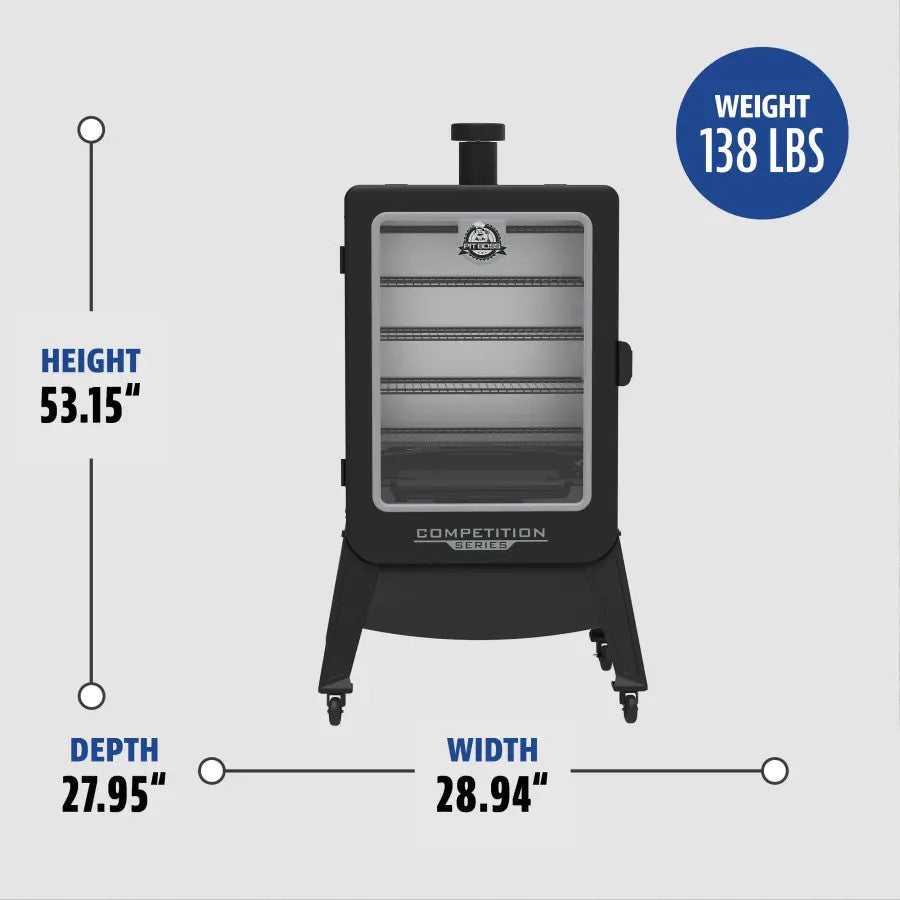 Black Pit Boss Grills Competition Series PBV5P2 Vertical Smoker with dimensions: 53.15" height, 28.94" width, 27.95" depth.