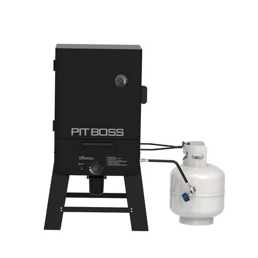 Black Pit Boss 30" Gas Vertical Smoker with built-in thermometer and propane tank connection.