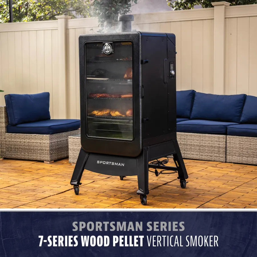 Black Pit Boss Grills Sportsman 7-Series Wood Pellet Vertical Smoker with glass door and wheels on patio.