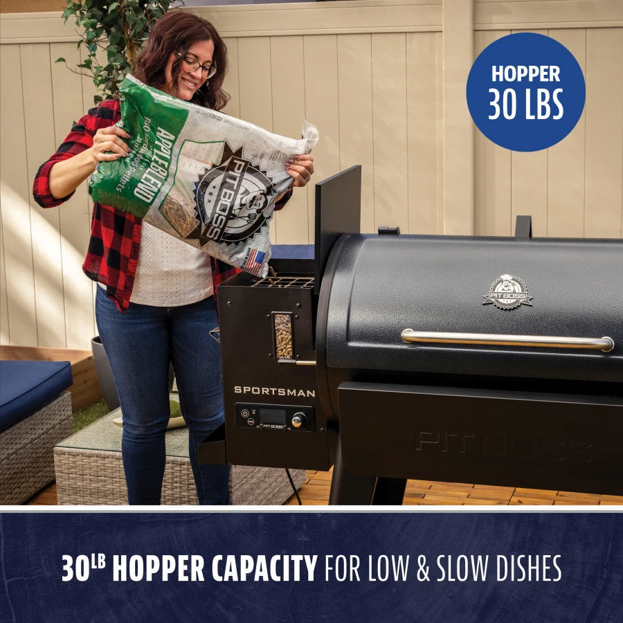 Pit Boss Sportsman Series 1100 Wood Pellet Grill with 30lb hopper capacity for low & slow cooking.