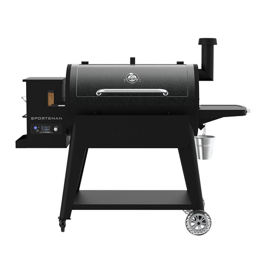 Black Pit Boss Sportsman Series 1100 Wood Pellet Grill with digital control panel and wheels.