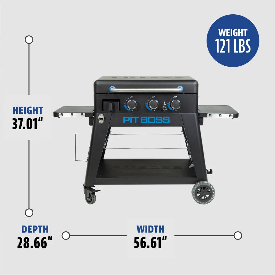 Black Pit Boss Grills 3-Burner Ultimate Lift-Off Griddle with dimensions and weight specifications.