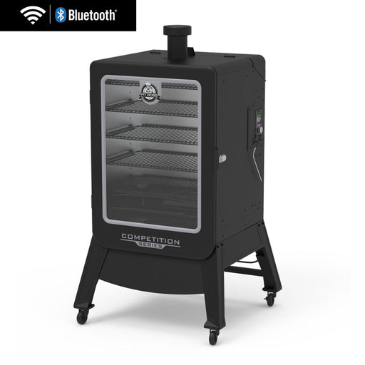 Black Pit Boss Grills Competition Series PBV5P2 Vertical Smoker with Wi-Fi and Bluetooth connectivity.