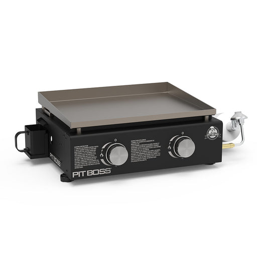 Black Pit Boss PB336GS griddle with cover and adapter, featuring dual control knobs and a sleek design.
