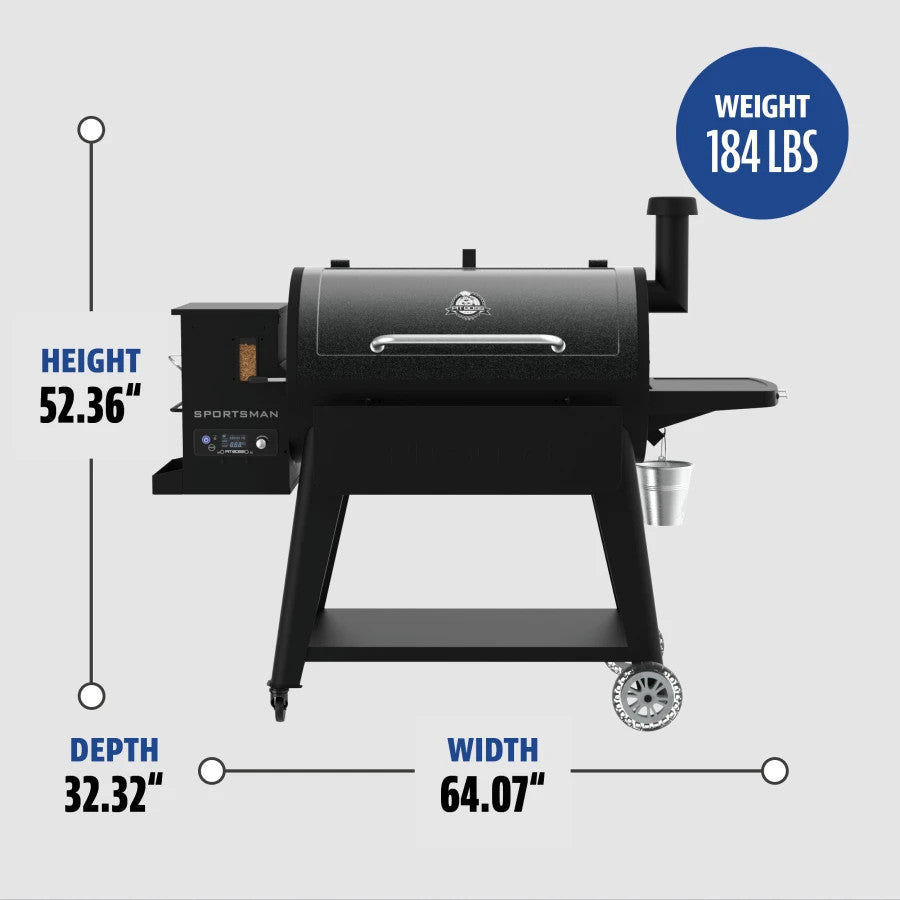 Black Pit Boss Sportsman Series 1100 Wood Pellet Grill with dimensions: 52.36" height, 64.07" width, 32.32" depth.