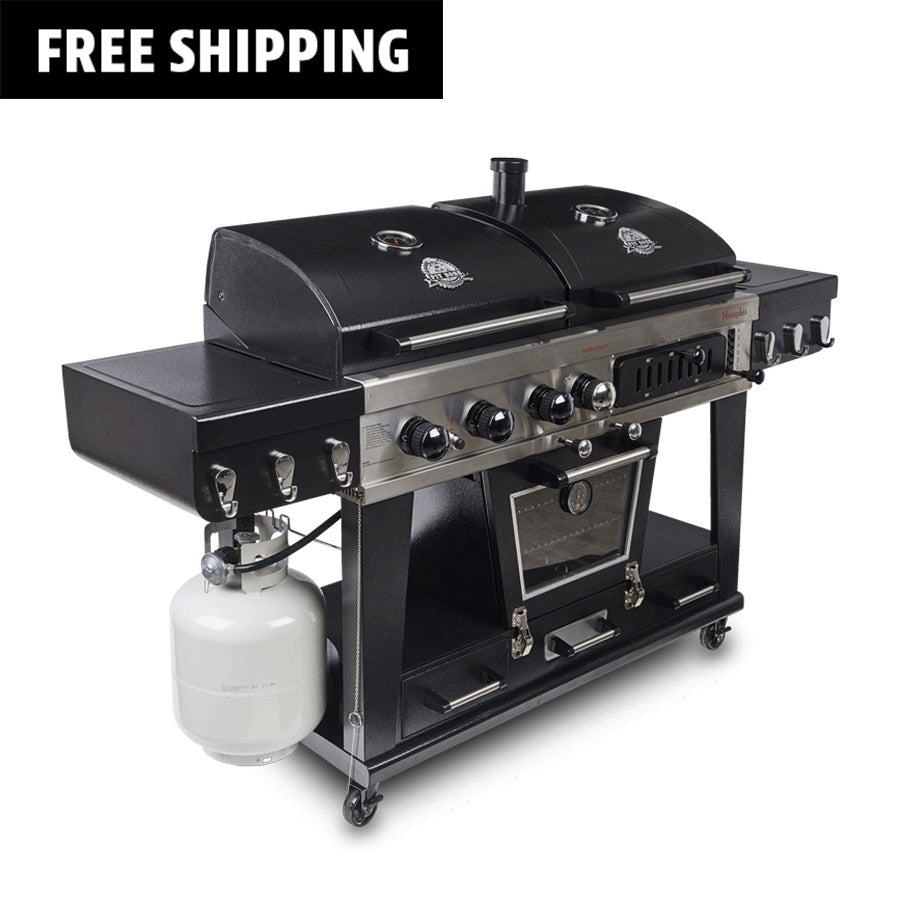 Pit Boss Memphis Ultimate Combo Grill. Black combo grill with silver accents. Front view.