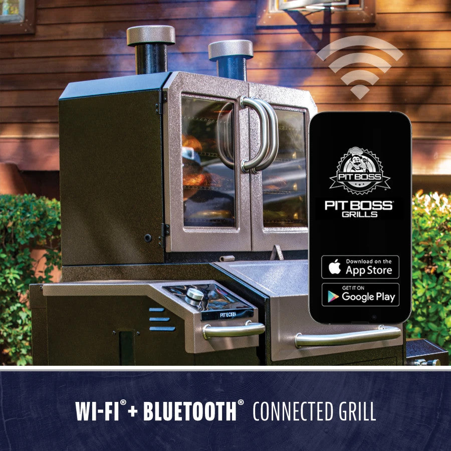 Pit Boss Lockhart Platinum Pellet/Smoker Combo Grill outside in a backyard. Meats in the smoker. Side profile viw point.