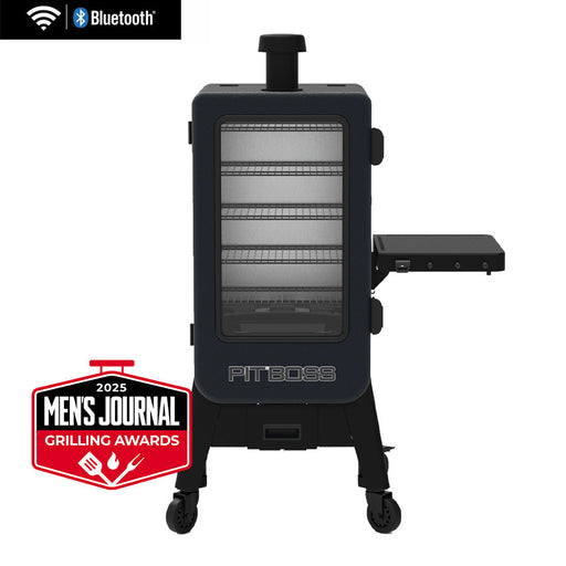 Pit Boss Navigator 3 Series Vertical Smoker, black and grey cabinet smoker with chimney shelf and control board