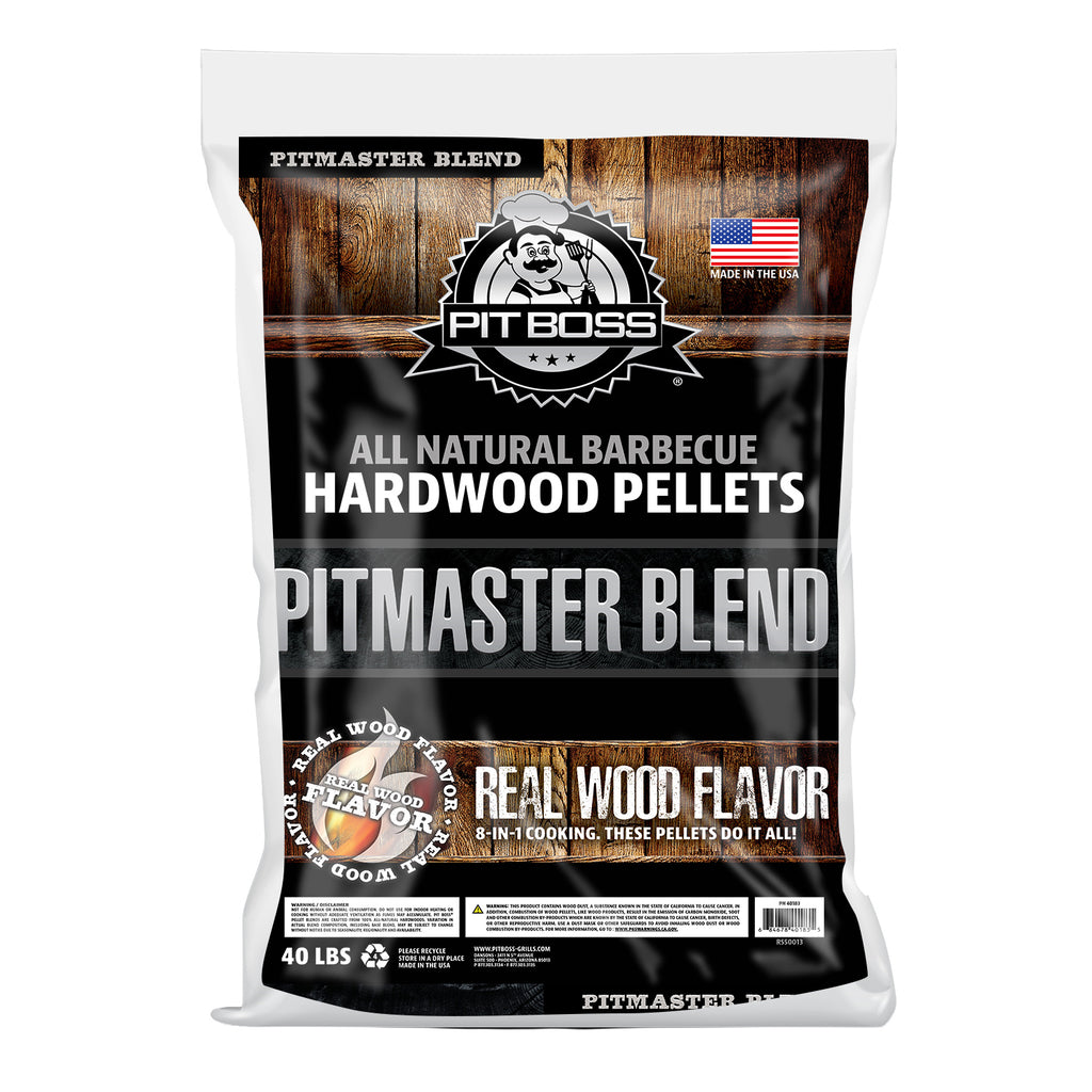 Pit Boss 40 lb Pitmaster Blend Hardwood Pellets. Brown wood background with Black and white design and font.