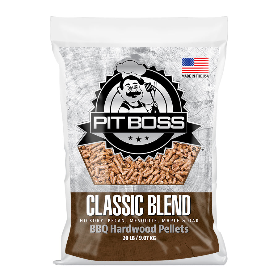 Pit Boss 20 lb Classic Blend Hardwood Pellets. Brown bag with white lettering. Large Pit Boss logo. Made in the US.