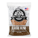 Pit Boss 20 lb Classic Blend Hardwood Pellets. Brown bag with white lettering. Large Pit Boss logo. Made in the US.