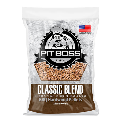 Pit Boss 20 lb Classic Blend Hardwood Pellets. Brown bag with white lettering. Large Pit Boss logo. Made in the US.