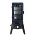 blue and black vertical smoker with clear glass window on front