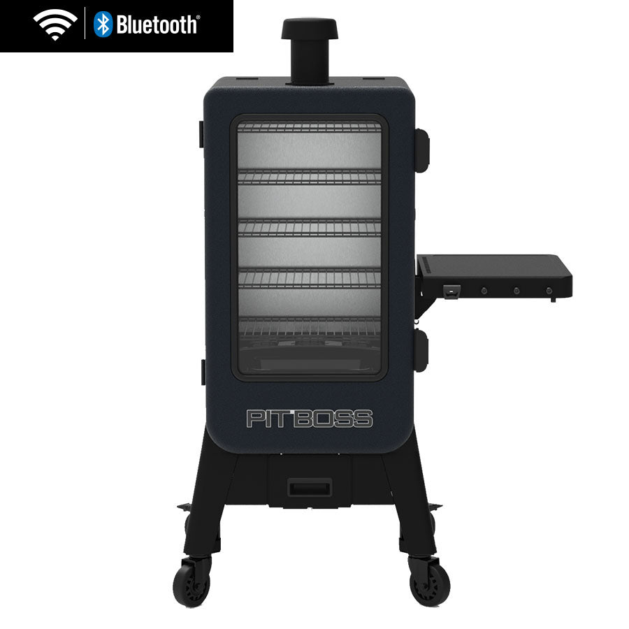 Pit Boss Navigator 3 Series Vertical Smoker, black and grey cabinet smoker with chimney shelf and control board