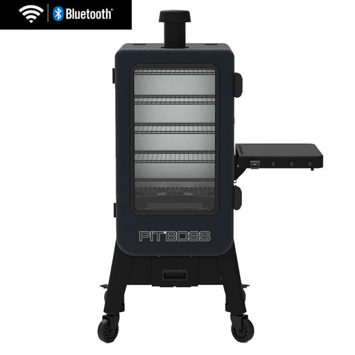 Pit Boss Navigator 3 Series Vertical Smoker, black and grey cabinet smoker with chimney shelf and control board