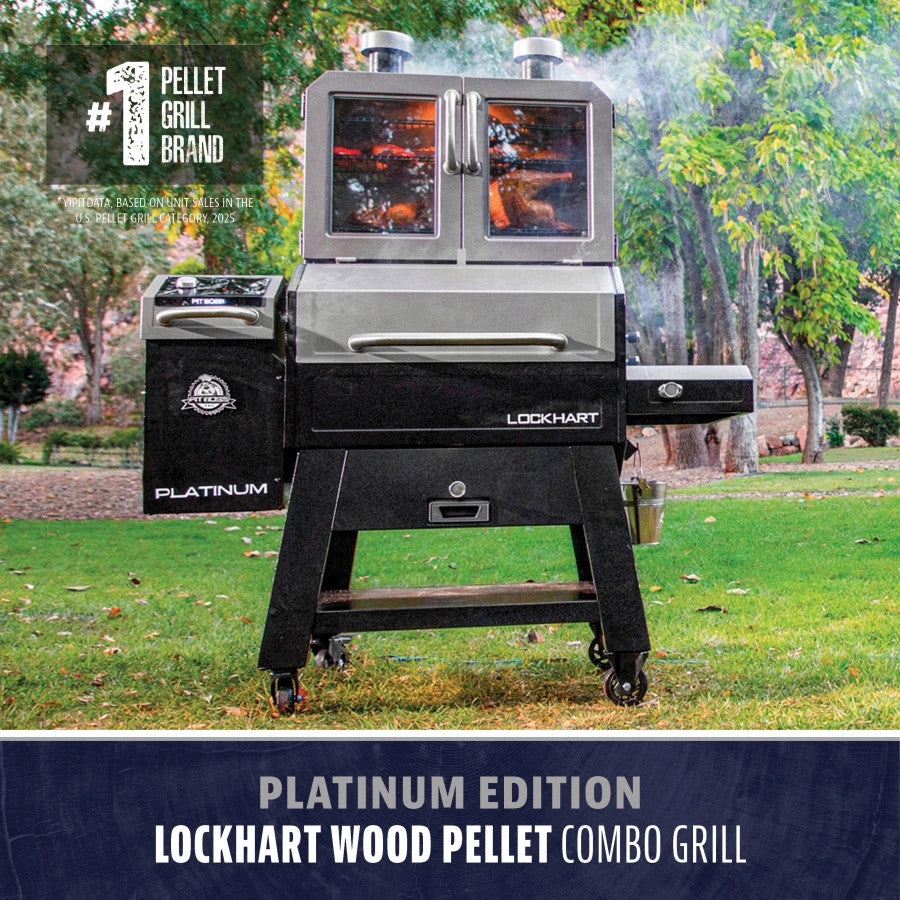 lifestyle_1, Silver and black grill/smoker with Pit boss logo and white lettering. Side angle view