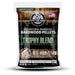 front of bag with black and brown background and green, grey and white lettering