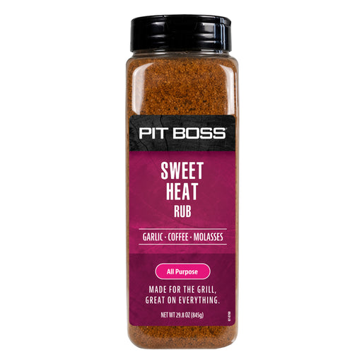 Pit Boss Sweet Heat BBQ Rub Spice - pink and white label on plastic bottle