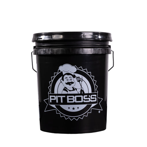 Pit Boss 5-Gallon Pellet Storage Bucket. Black bucket with Large Pit Boss logo in middle.