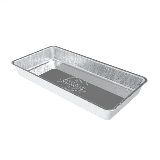 Silver disposable aluminum baking pan with embossed logo.