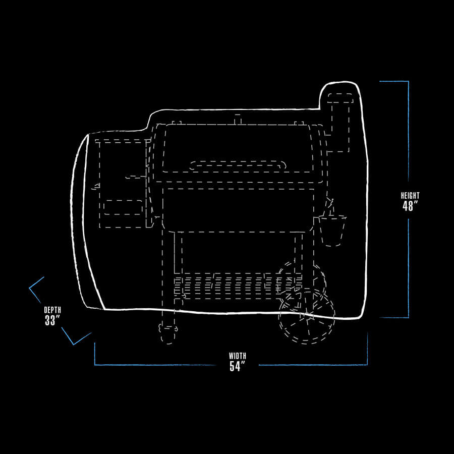 "White diagram of a rectangular object with dimensions: width 54", depth 33", height 48"."