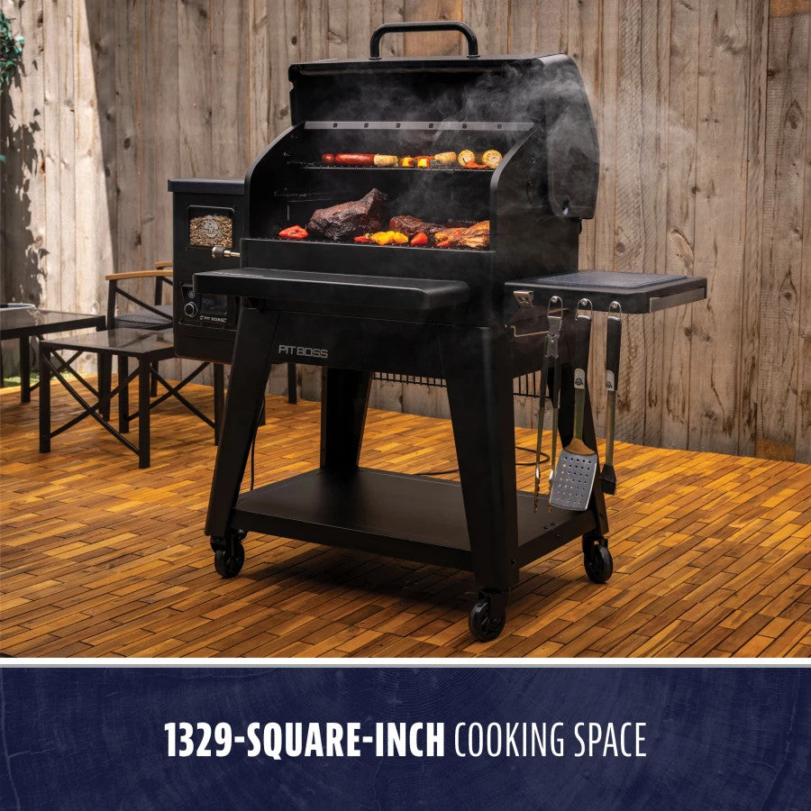 Black Pit Boss grill with 1329-square-inch cooking space, outdoor setting.