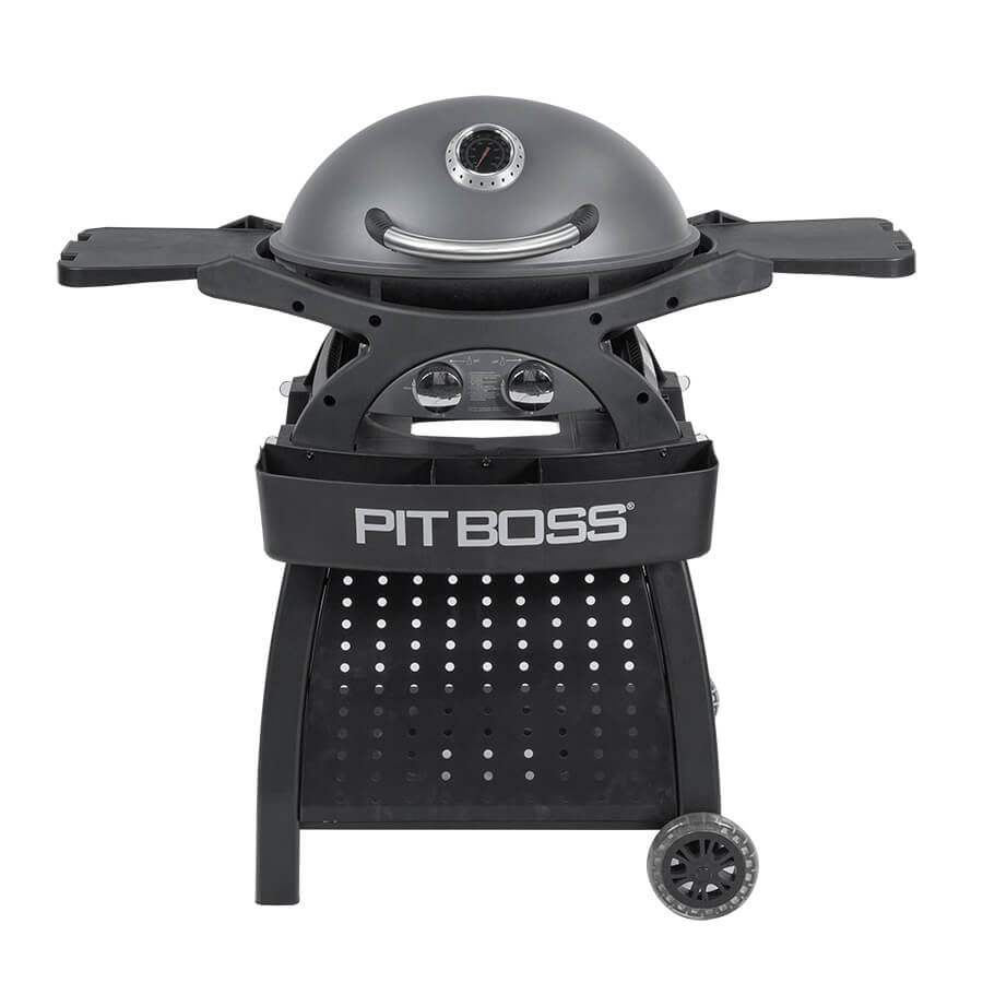 Black Pit Boss portable charcoal grill with dome lid and wheels.