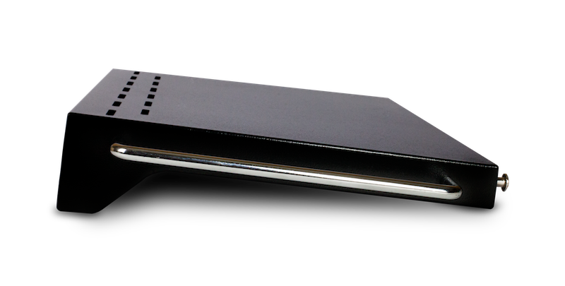 Black portable device with silver accents and ventilation holes.