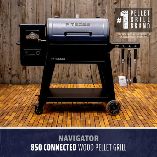 Blue and black Pit Boss Navigator 850 connected wood pellet grill on wheels.