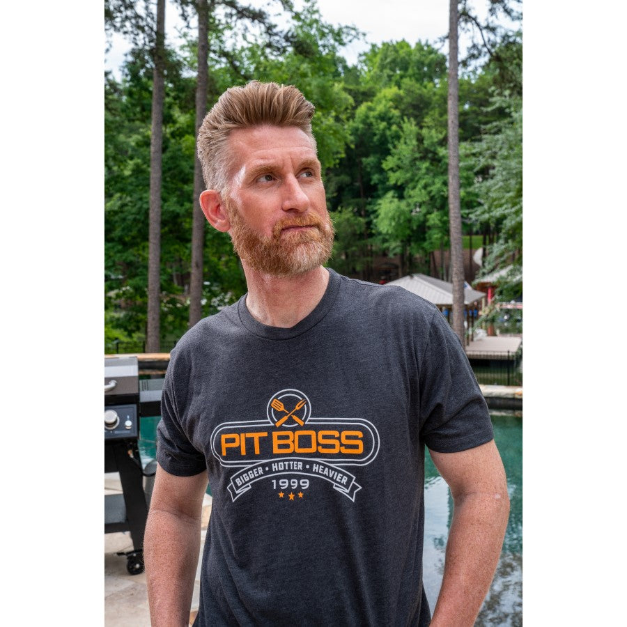 Dark gray Pit Boss t-shirt with "Bigger Hotter Heavier 1999" design.