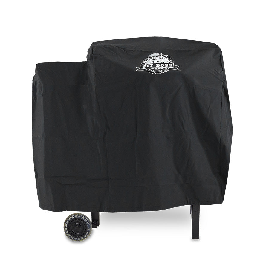 Black Pit Boss grill cover with logo and wheels.