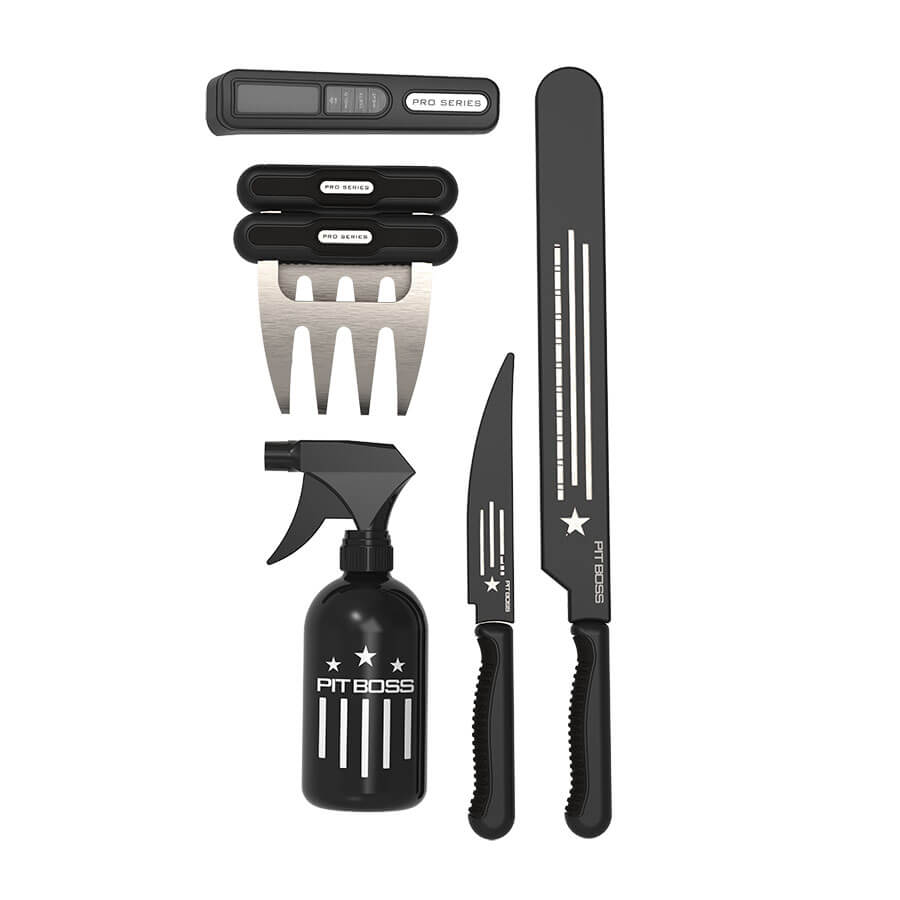 Black Pit Boss Pro Series BBQ tool set with spray bottle, knives, and fork.