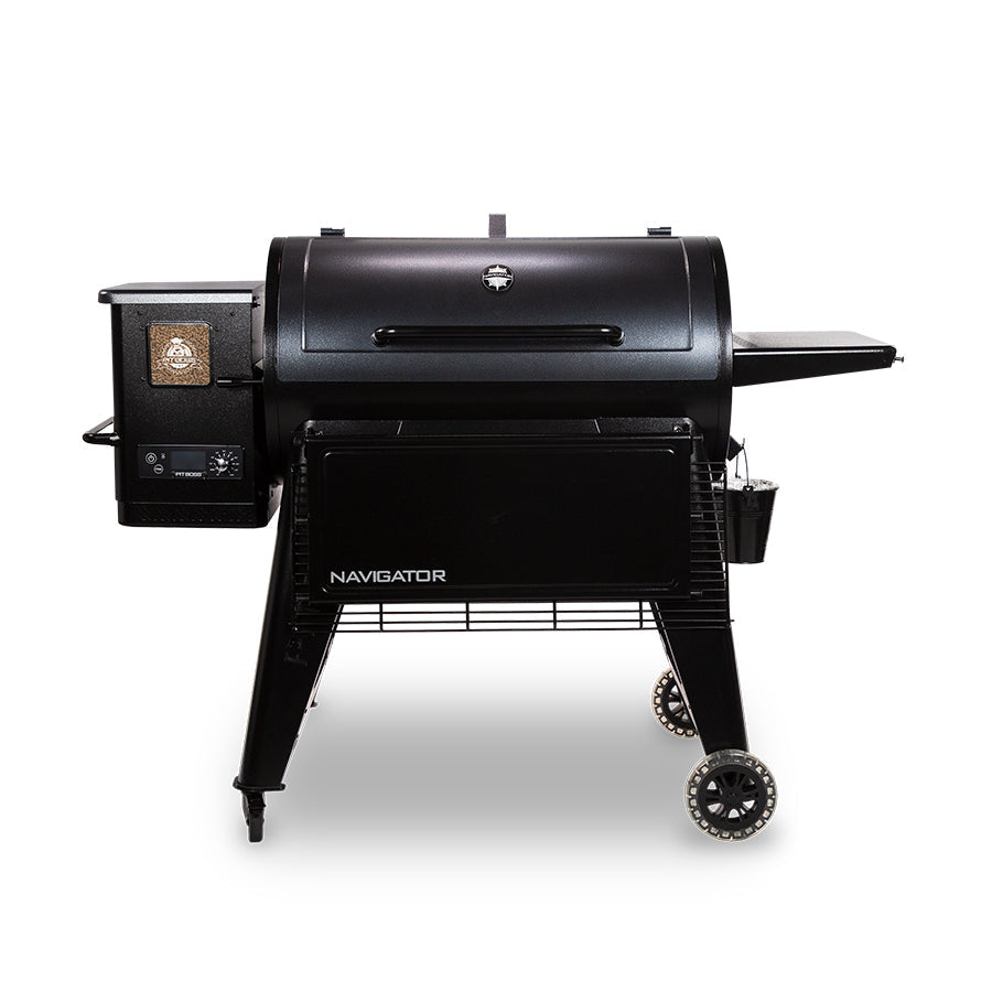 Black Traeger Navigator pellet grill with digital control panel and wheels.