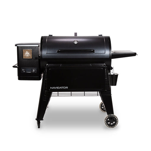 Black Traeger Navigator pellet grill with digital control panel and wheels.
