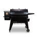 Black Traeger Navigator pellet grill with digital control panel and wheels.
