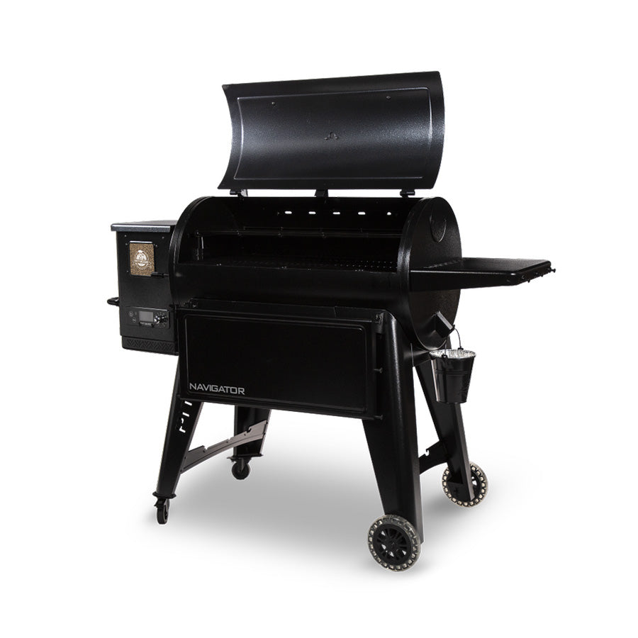 Black Traeger Navigator pellet grill with digital control panel and wheels.
