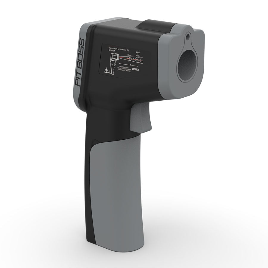 Black and gray PitBoss infrared thermometer with measurement scale.
