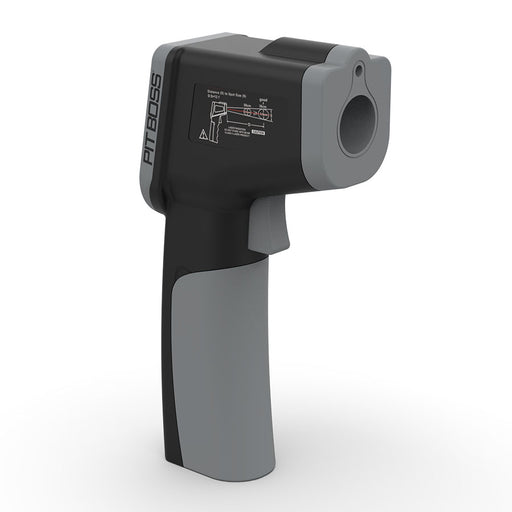 Black and gray PitBoss infrared thermometer with measurement scale.