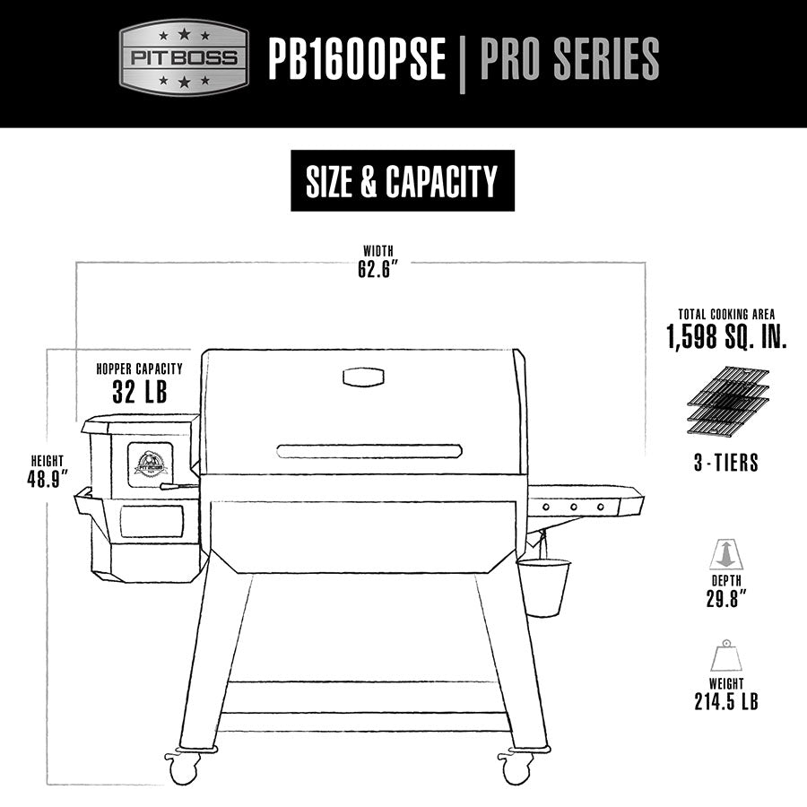 Pit Boss PB1600PSE Pro Series smoker, 32 lb hopper, 1,598 sq. in.