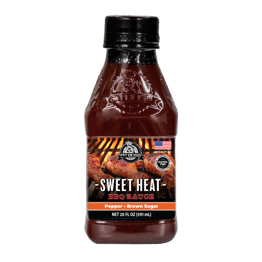Dark brown Fit Boss Sweet Heat BBQ Sauce bottle, 20 fl oz (591 mL), with pepper and brown sugar flavors.