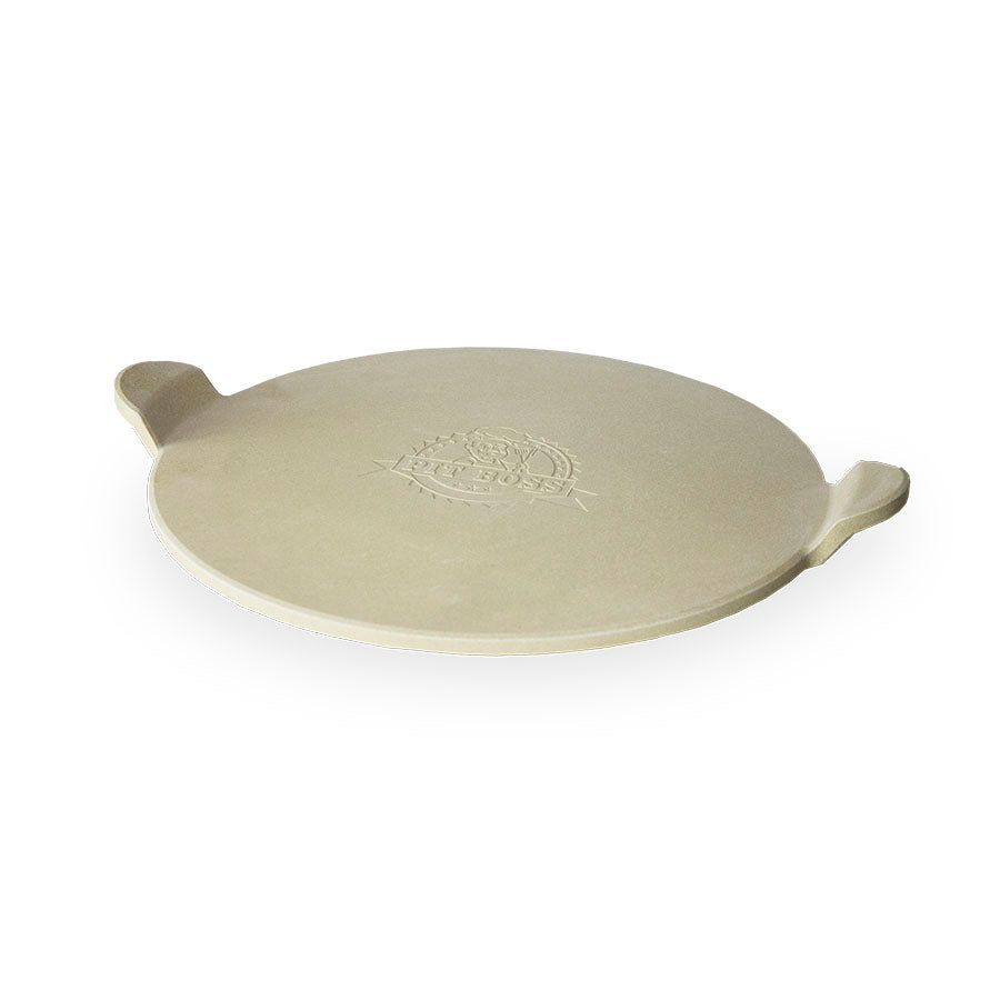 Beige round pizza stone with handles and embossed logo.