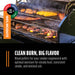 Smoker grill with assorted meats and veggies, featuring 100% mesquite wood pellets for clean burn and bold flavor.
