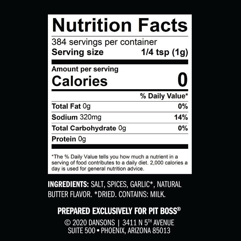 Nutrition Facts label for seasoning blend with 320mg sodium per 1/4 tsp serving.