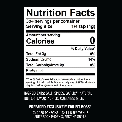 Nutrition Facts label for seasoning blend with 320mg sodium per 1/4 tsp serving.