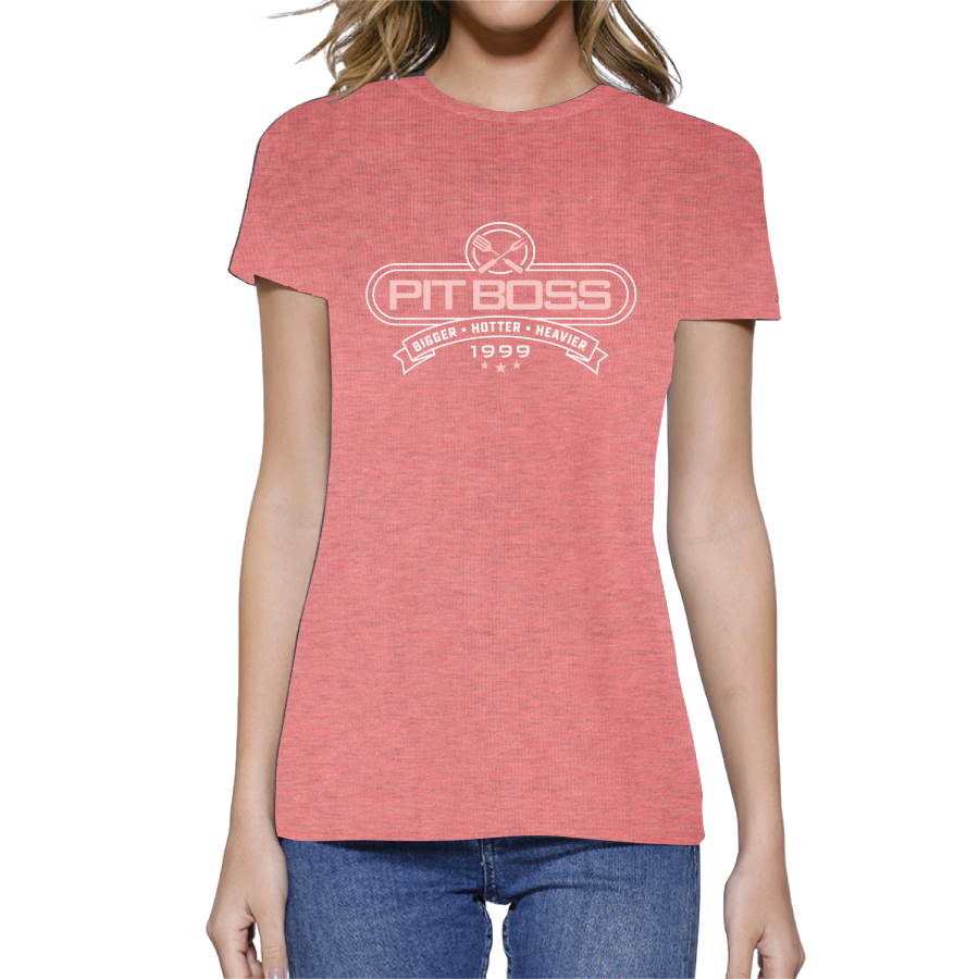 Red Pit Boss t-shirt with "Bigger, Hotter, Heavier 1999" logo.