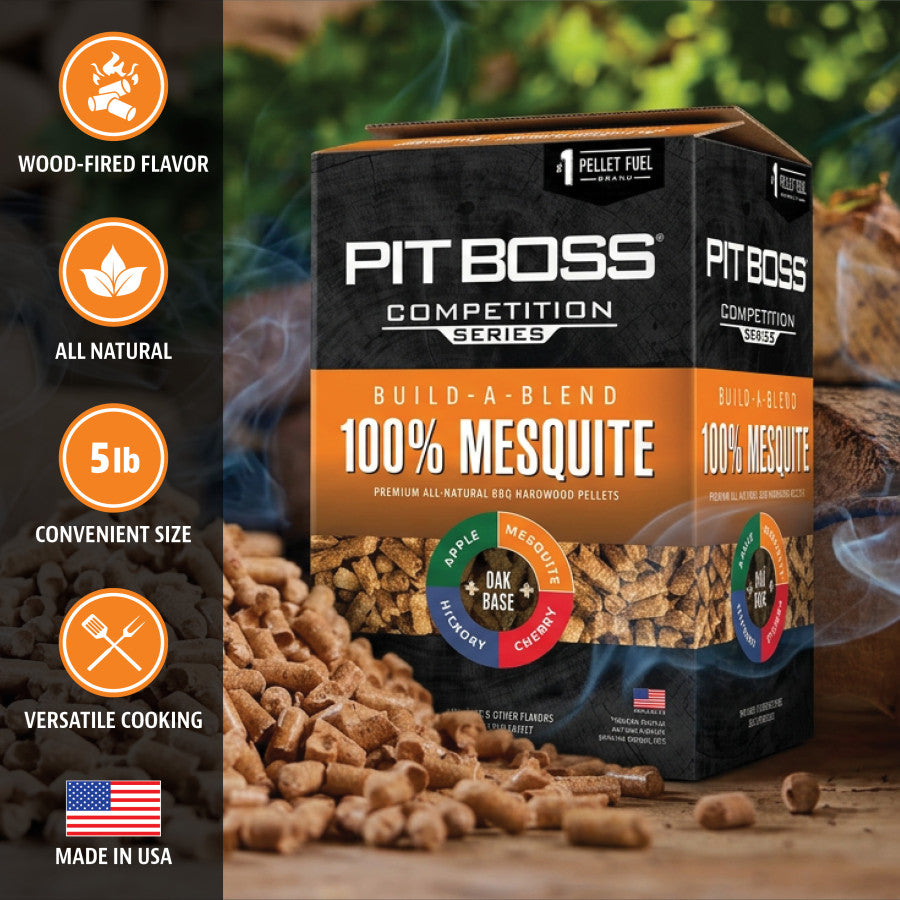 Pit Boss 100% Mesquite BBQ pellets, 5lb box. All-natural, wood-fired flavor, versatile cooking, made in USA.