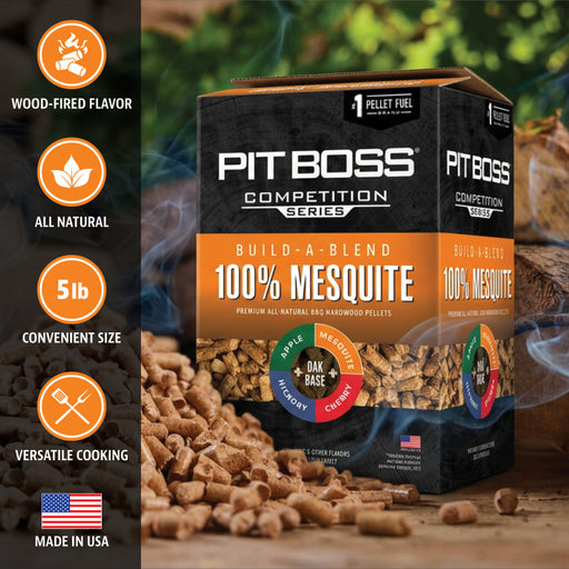 Pit Boss 100% Mesquite BBQ pellets, 5lb box. All-natural, wood-fired flavor, versatile cooking, made in USA.