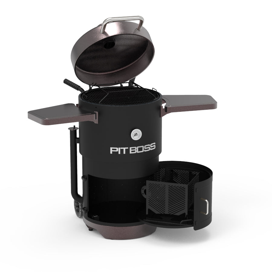 Black Pit Boss portable charcoal grill with side shelves and storage.