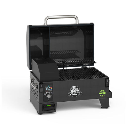 Portable electric grill with digital controls, open lid, dual cooking racks, and sturdy handle for easy transport.