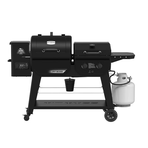 Black Pit Boss Propane Grill with smoker box and side shelf.